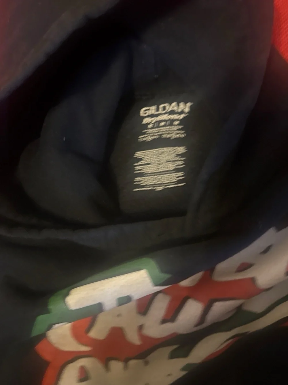 Gildan Black Hoodie with Red, Green, Cream Graphic